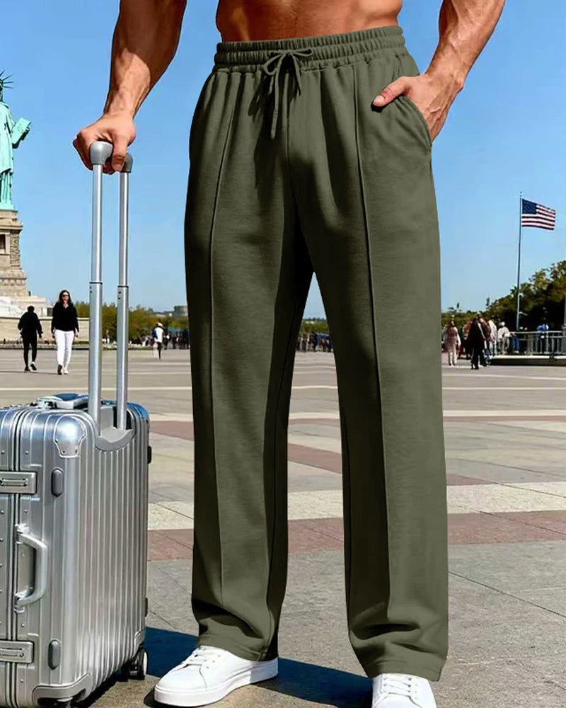 Pantalón cómodo para hombre con cintura elástica, cordón y pierna recta