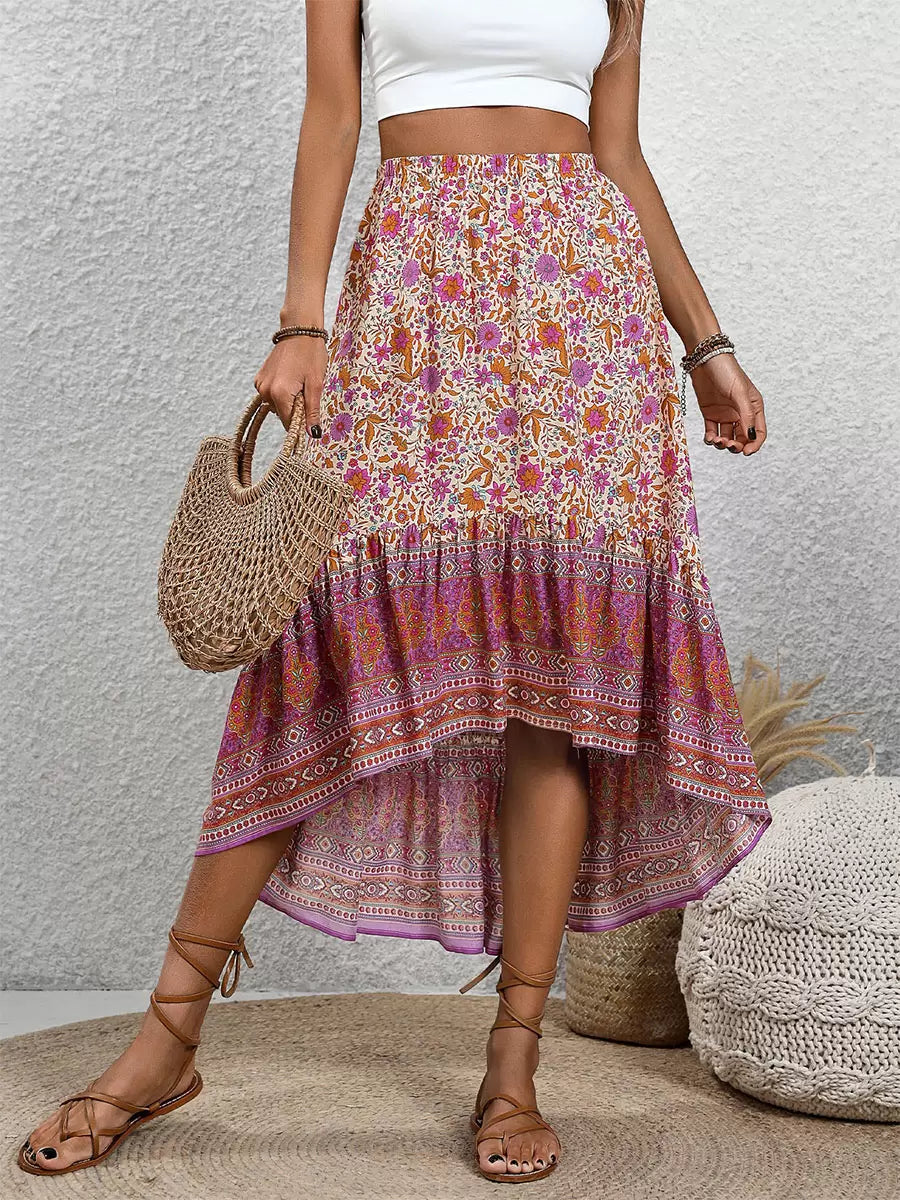 Faldas bohemias Rosa Asimétrica Cintura natural Viscosa Pantalones elegantes hasta media pantorrilla
