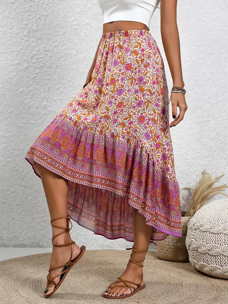 Faldas bohemias Rosa Asimétrica Cintura natural Viscosa Pantalones elegantes hasta media pantorrilla
