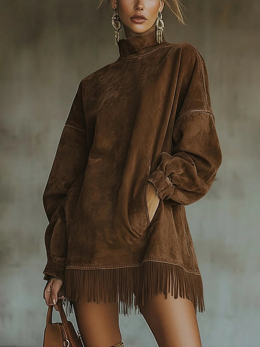 Vestido de cuello alto de ante sintético con dobladillo de flecos