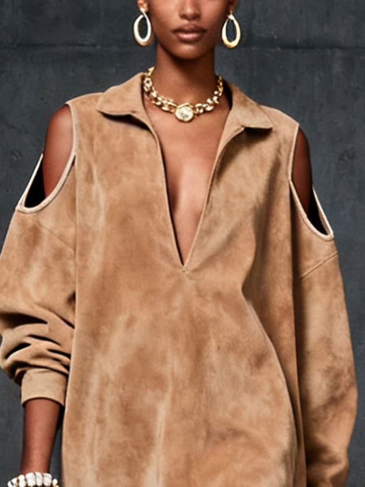 Vestido mini de ante sintético camel con hombros descubiertos
