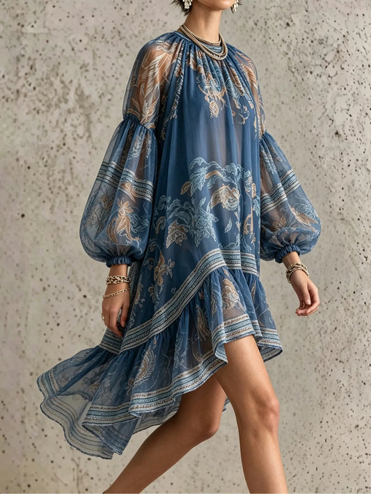 Vestido mini vintage estampado con bajo asimétrico