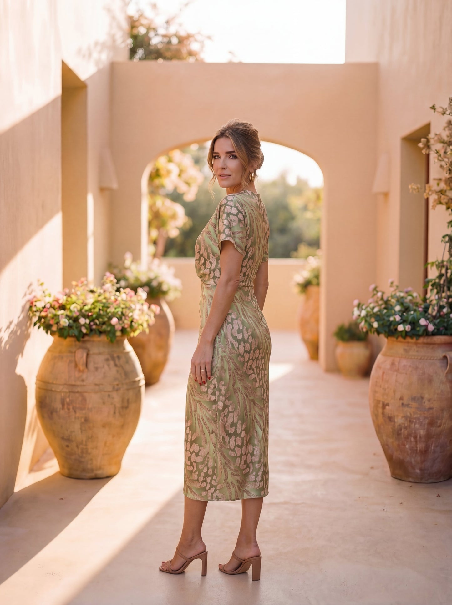 Vestido midi con efecto estilizador, nudo central y caída fluida