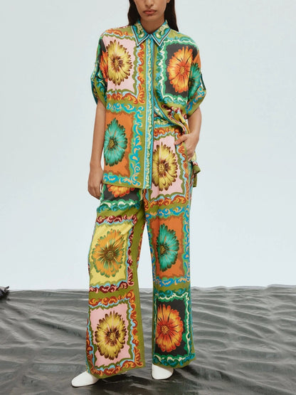 Conjunto de pantalones de pierna ancha con estampado de girasol único