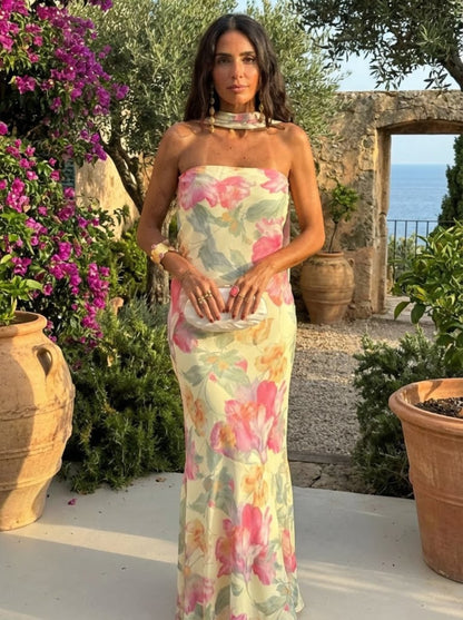 Vestido Largo Sin Tirantes con Estampado Floral en Acuarela