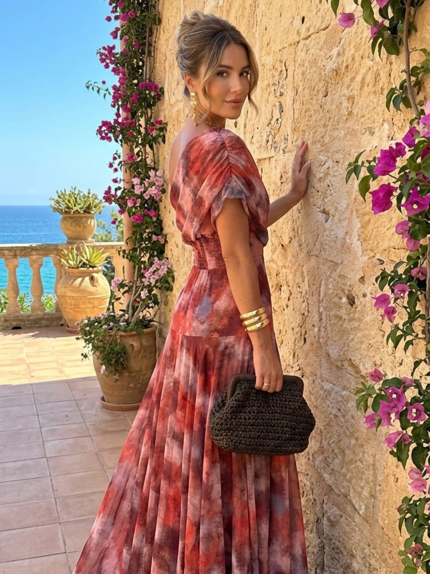 Vestido Largo Hombro Descubierto con Estampado Acuarela