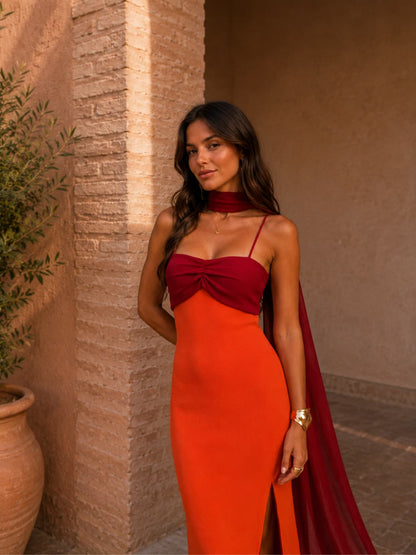 Vestido Largo Drapeado Bicolor - Sofisticación en Dos Tonos