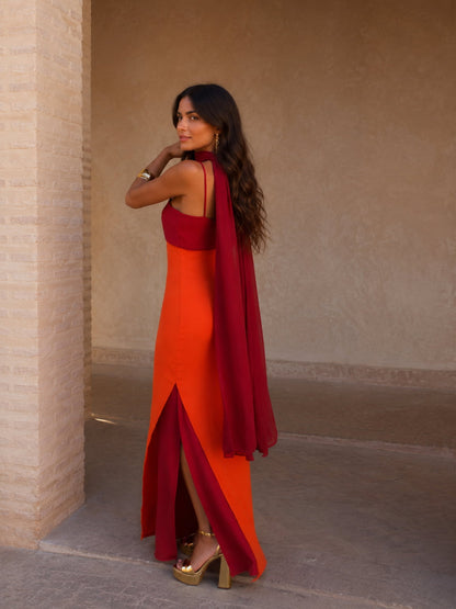 Vestido Largo Drapeado Bicolor - Sofisticación en Dos Tonos