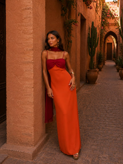 Vestido Largo Drapeado Bicolor - Sofisticación en Dos Tonos