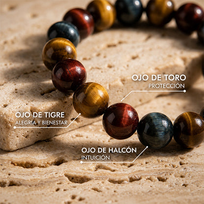 Triple Protección™ | Pulsera de Ojo de Tigre, Ojo de Toro y Ojo de Halcón