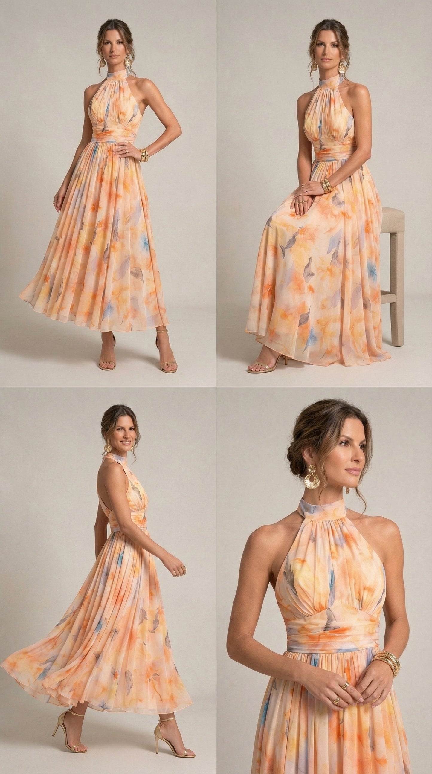 Vestido Halter con Estampado de Acuarela – Estilo Fresco y Elegante