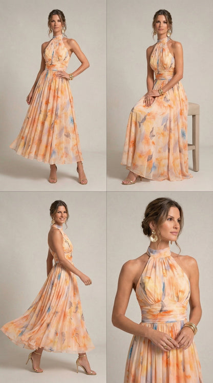 Vestido Halter con Estampado de Acuarela – Estilo Fresco y Elegante