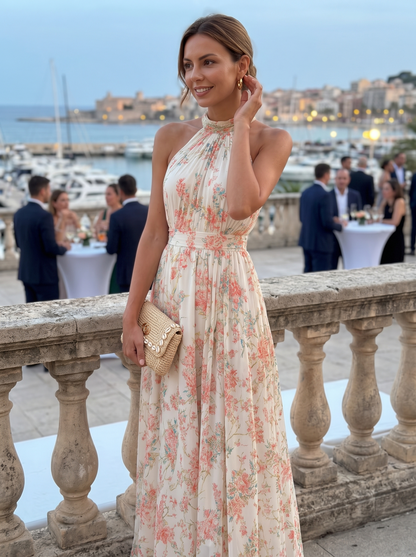 Mariluz | Vestido largo floral con cuello halter
