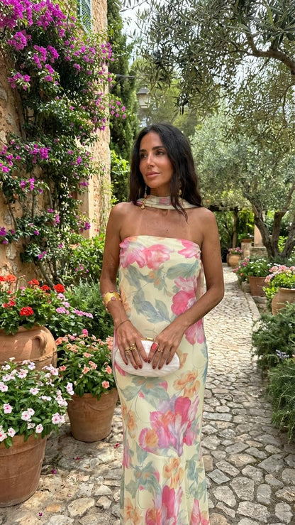 Vestido Largo Sin Tirantes con Estampado Floral en Acuarela