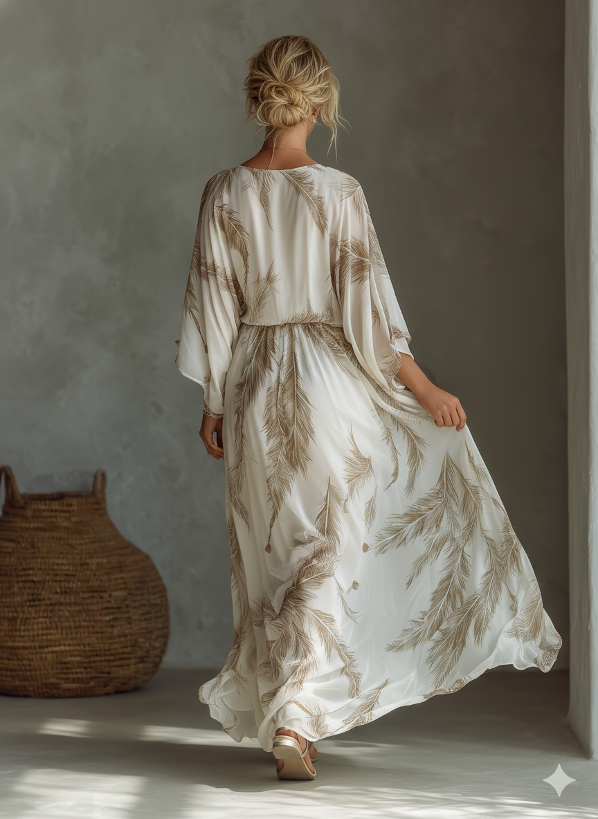 Vestido maxi de gasa con estampado de hojas de palma y nudo frontal con mangas dolman