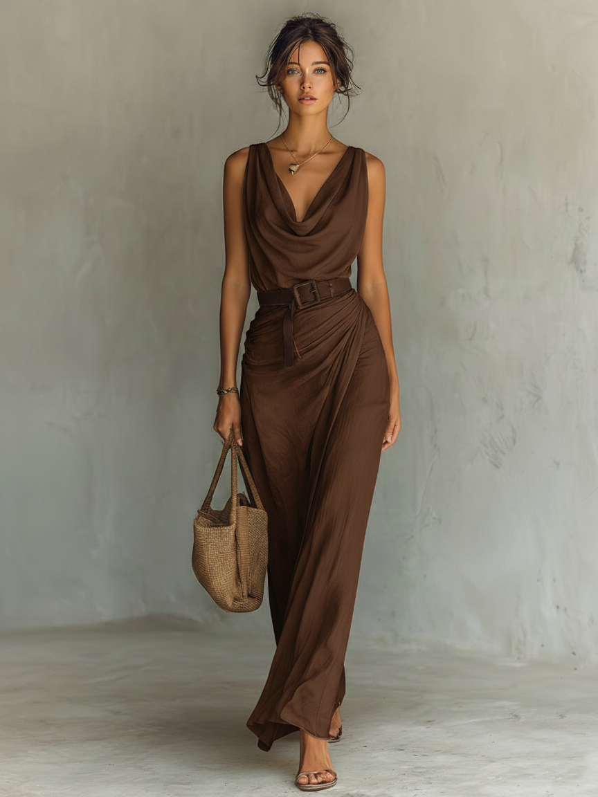 Vestido maxi minimalista sin mangas con cuello vuelto y cinturón