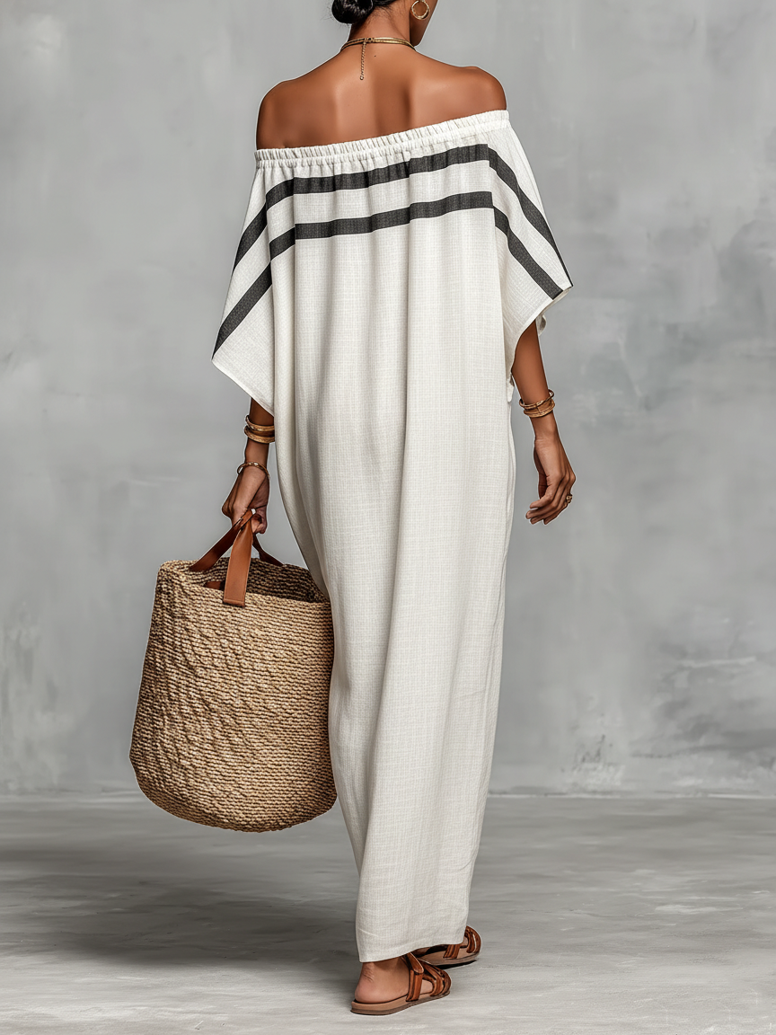 Vestido maxi minimalista de mezcla de lino con hombros descubiertos y mangas murciélago