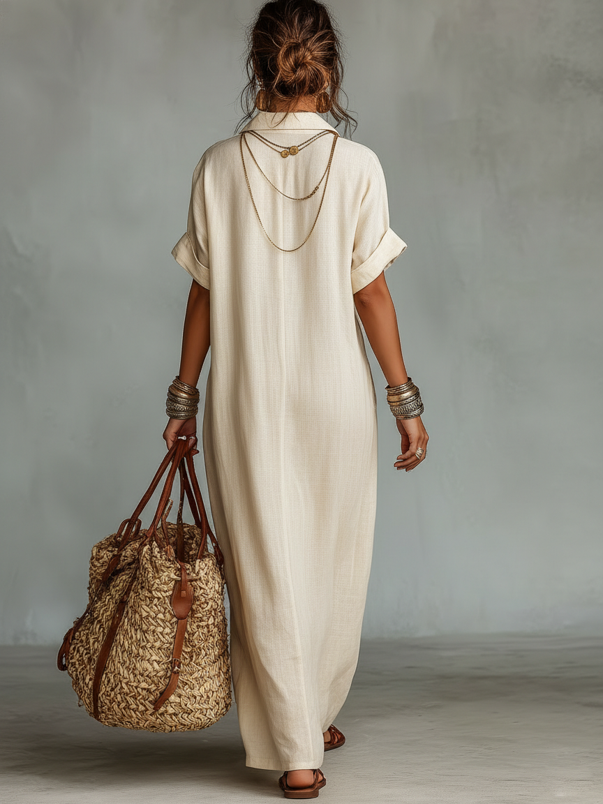 Vestido largo minimalista de lino mezclado con bordado y mangas cortas