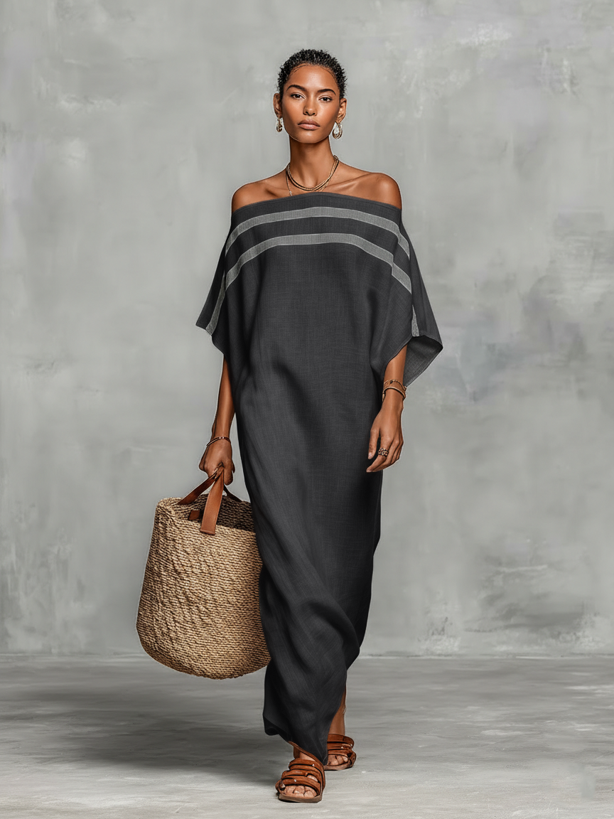 Vestido maxi minimalista de mezcla de lino con hombros descubiertos y mangas murciélago