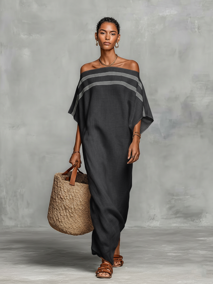 Vestido maxi minimalista de mezcla de lino con hombros descubiertos y mangas murciélago