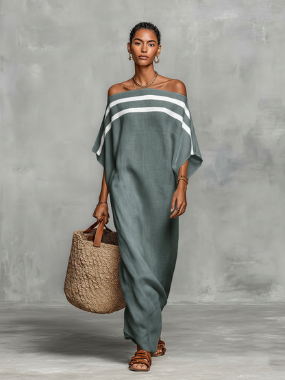Vestido maxi minimalista de mezcla de lino con hombros descubiertos y mangas murciélago