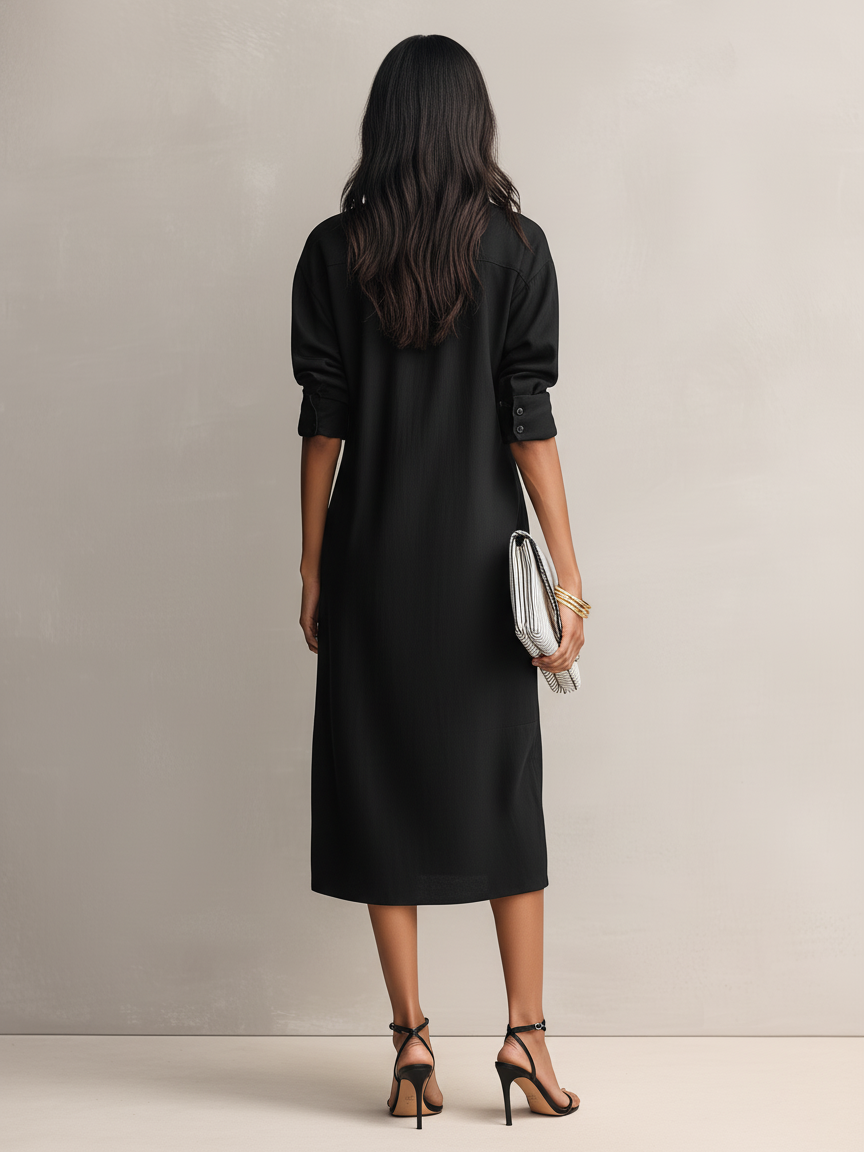 Vestido midi de algodón y lino con cuello de camisa