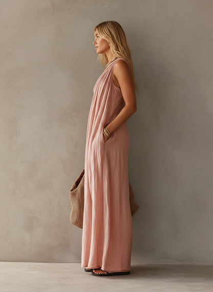 Vestido maxi de algodón y lino con un solo hombro