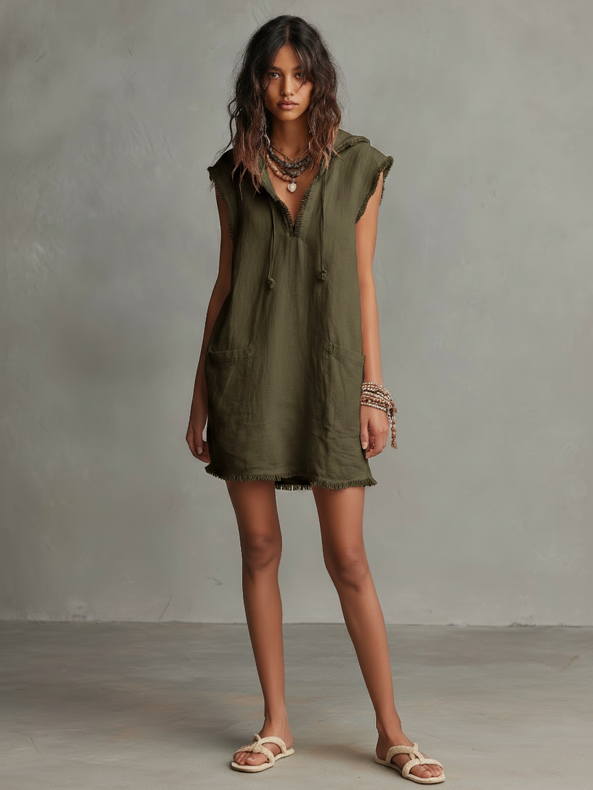 Vestido corto con capucha de mezcla de lino