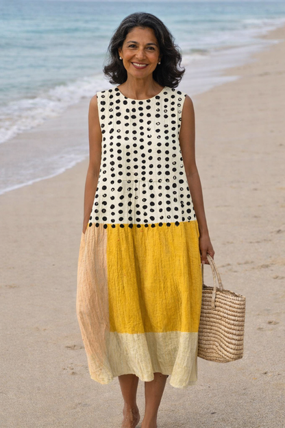 Lía | Vestido midi de color blocking con lunares