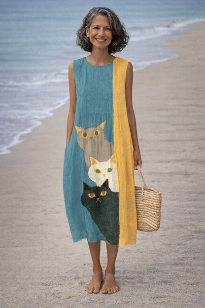 Paola | Vestido vintage con diseño artístico de gatos divertidos