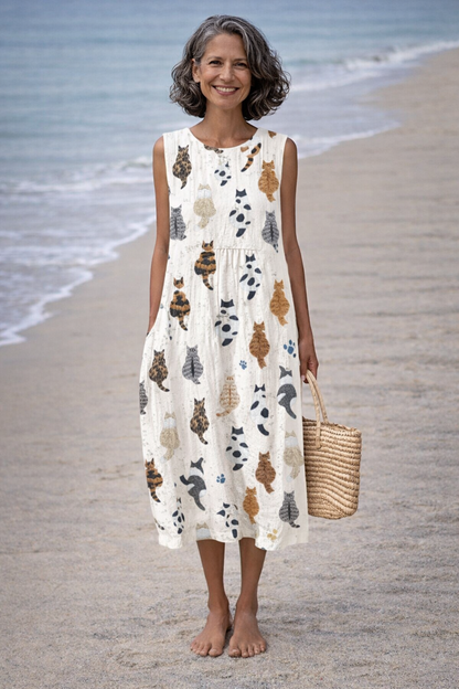 Alina | Vestido midi con estampado de gatitos adorables