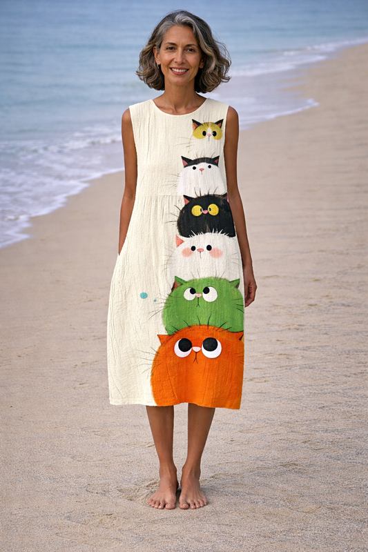 Zoé | Vestido midi con adorable estampado de gatos