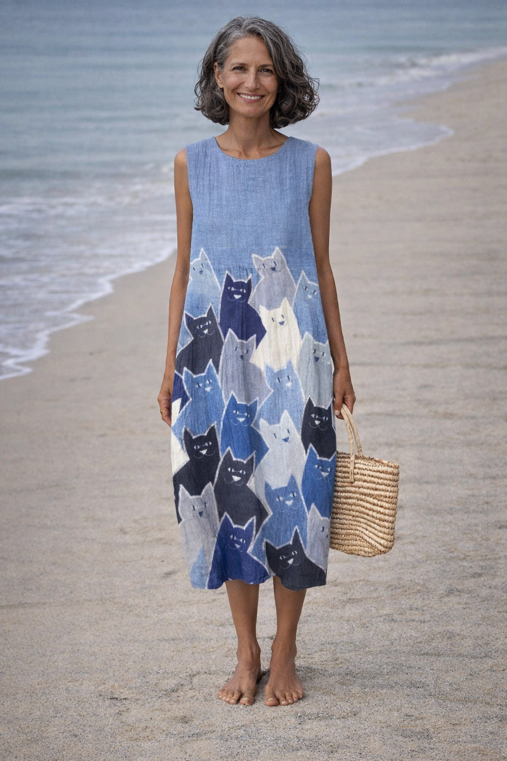 Avellana | Vestido midi con diseño patchwork de gatos