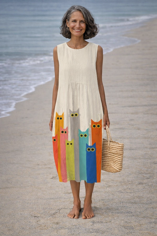 Penélope | Vestido midi con arte de gatos en colores vivos