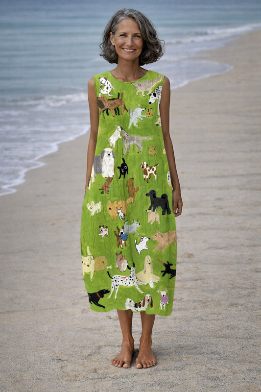 Isabella | Vestido midi con estampado de perro al óleo, diseño artístico
