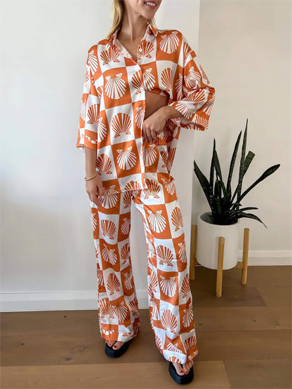 Conjunto de pantalones de pierna ancha con estampado de concha de satén especial