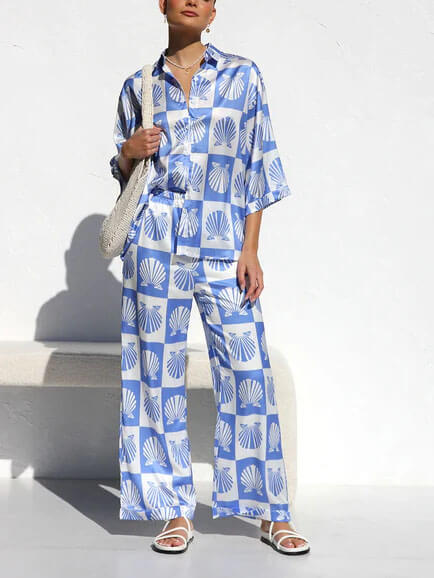 Conjunto de pantalones de pierna ancha con estampado de concha de satén especial