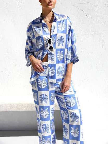 Conjunto de pantalones de pierna ancha con estampado de concha de satén especial