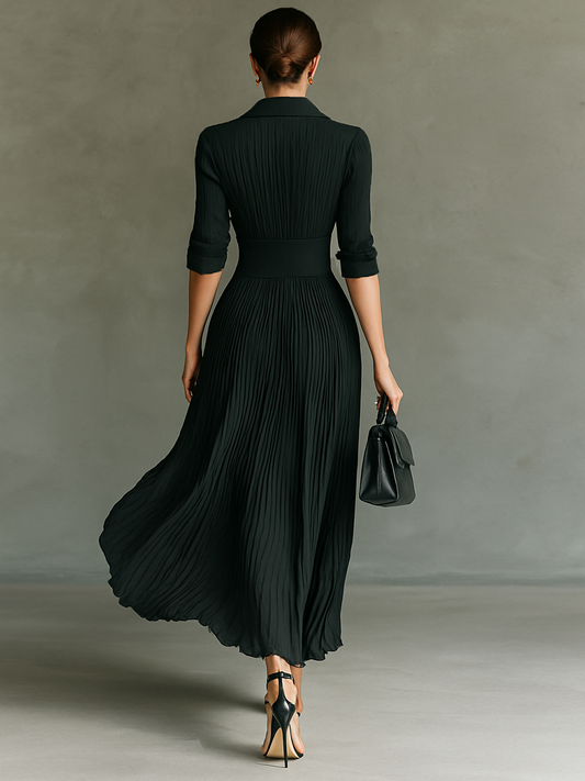 Vestido maxi de manga larga con cintura, solapa plisada y color sólido