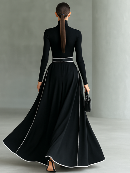Vestido largo ajustado para mujer con cuello alto, mangas largas, costuras negras y ribete blanco con cinturón