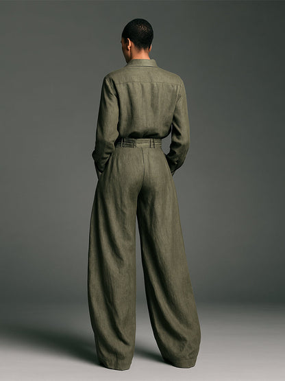 Conjunto de dos piezas para mujer: camisa de manga larga de mezcla de algodón y lino, pantalones de pierna ancha