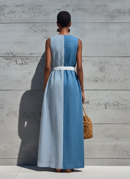 Vestido maxi con cordón y bloques de color