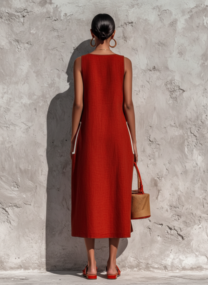 Vestido midi con bolsillo y ribete rojo