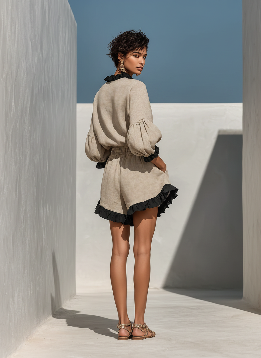 Conjunto de blusa y shorts beige de mezcla de lino con volantes