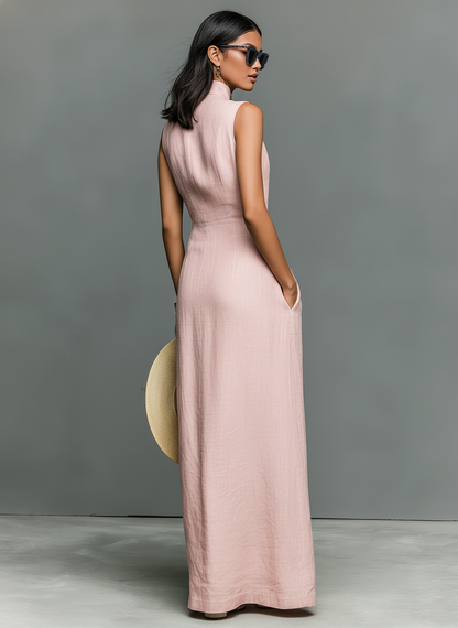 Vestido largo de lino con cuello mao