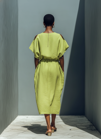 Vestido midi de lino mezcla verde lima con hombros descubiertos