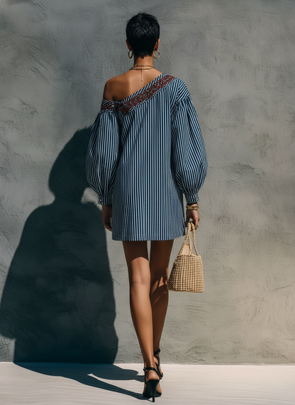 Vestido corto de un solo hombro con rayas