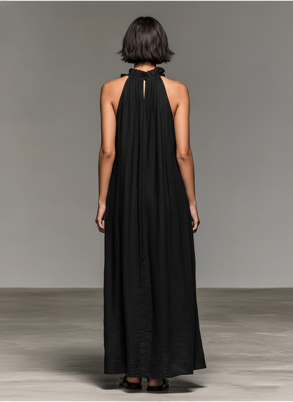 Vestido largo sin mangas de lino con volantes