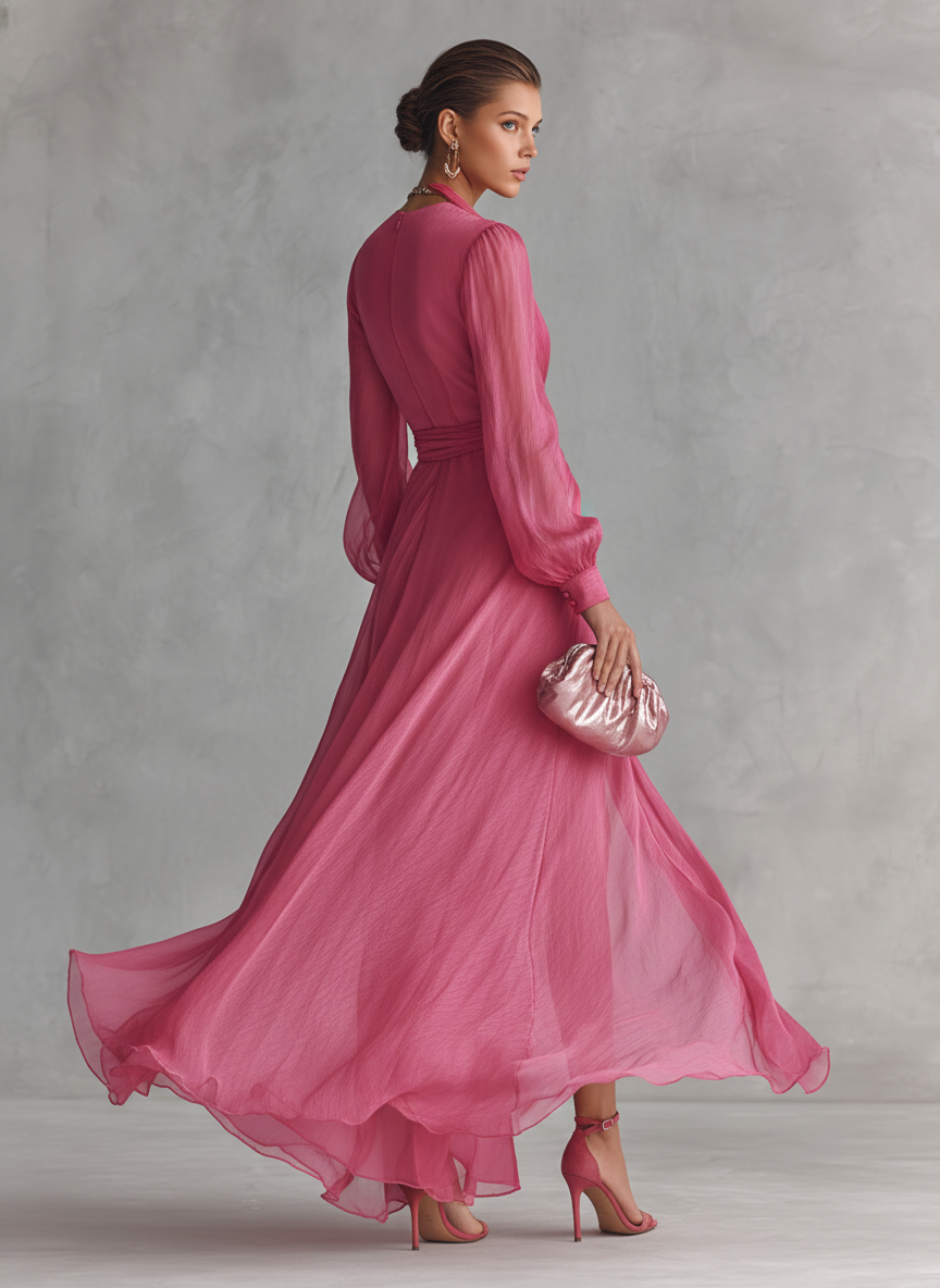 Vestido largo elegante de gasa con escote en V y perlas