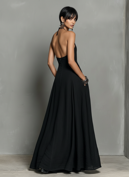 Vestido largo minimalista de mezcla de lino con cuello halter
